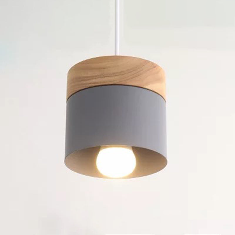 Cylindrical Metal Hanging Lamp Minimalist 1-Light Wood Pendant Light Fixture over Table