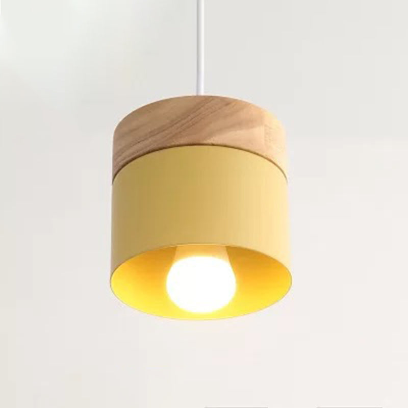 Cilindrisch metaalhangende lamp Minimalistisch 1-licht houten hanglamp lichtbeveiliging over tafel