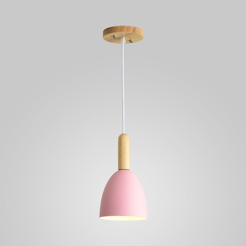 Metallic Bell Hanging Light Macaron 1-Head Down Lighting Pendant with Wooden Handle