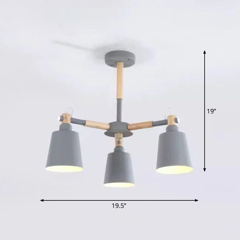 Chandelier de macaron à pendentif radial en bois avec nuance en métal conique pour le salon