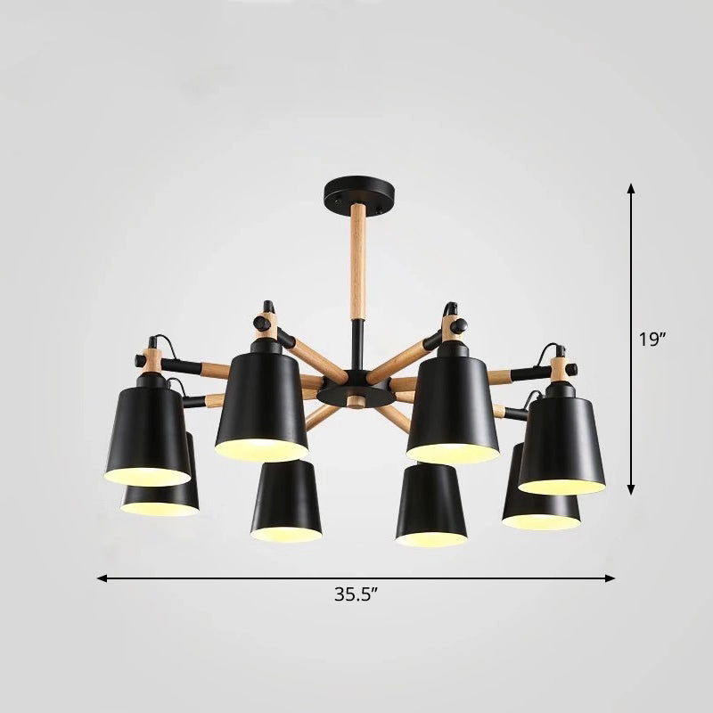 Wooden Radial Pendant Lighting Macaron Chandelier with Tapered Metal Shade for Living Room