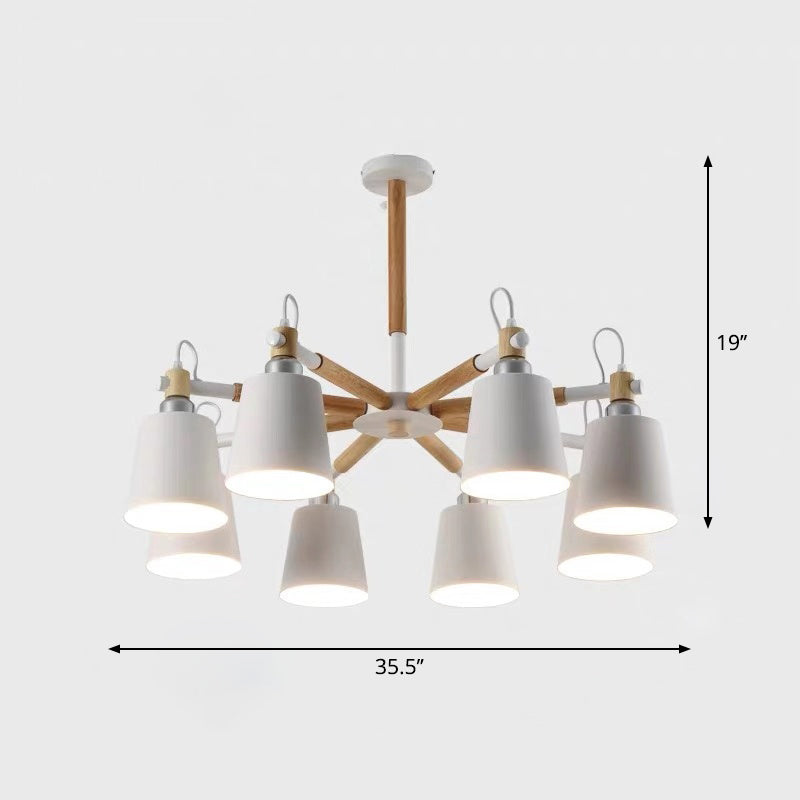 Wooden Radial Pendant Lighting Macaron Chandelier with Tapered Metal Shade for Living Room