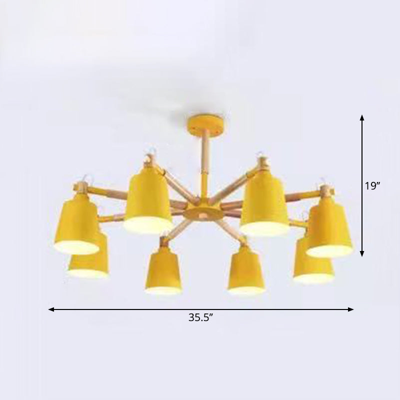 Wooden Radial Pendant Lighting Macaron Chandelier with Tapered Metal Shade for Living Room