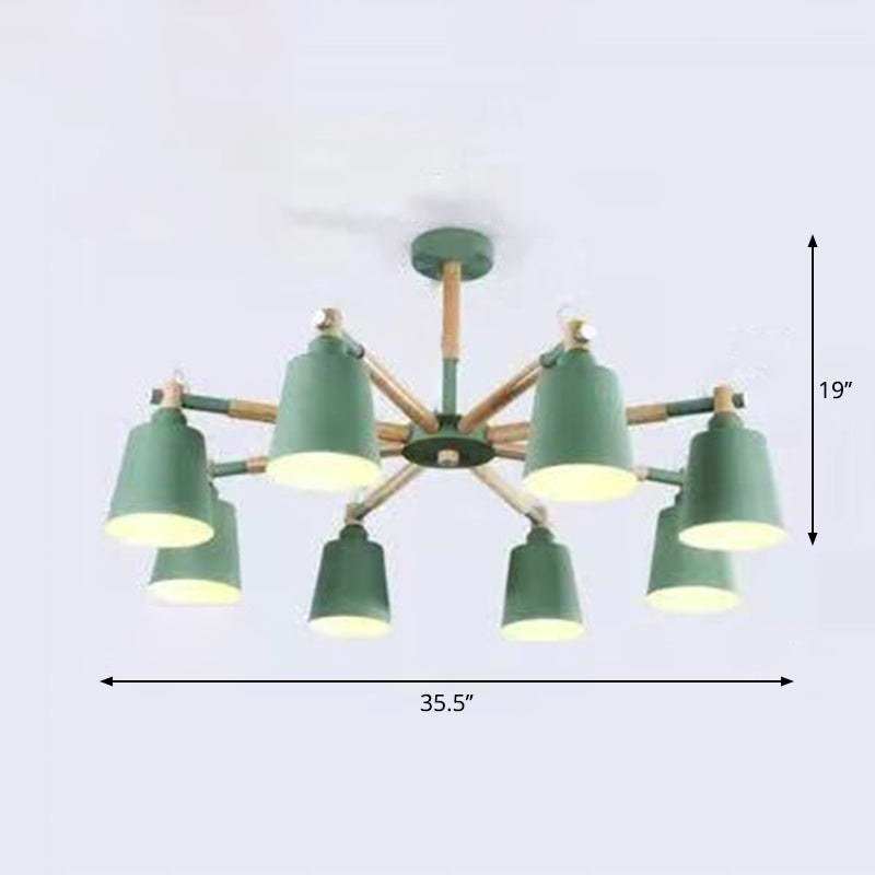 Wooden Radial Pendant Lighting Macaron Chandelier with Tapered Metal Shade for Living Room
