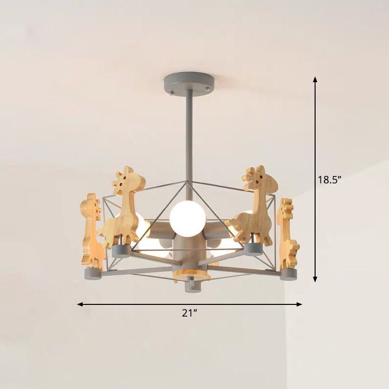 Macaron Cage Ceiling Pendant Light Metal 4-Head Bedroom Chandelier with Wooden Giraffe Deco