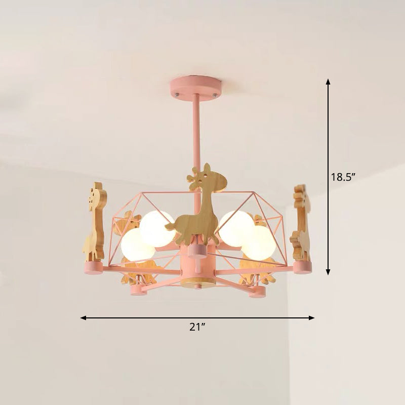 Macaron Cage Ceiling Pendant Light Metal 4-Head Bedroom Chandelier with Wooden Giraffe Deco