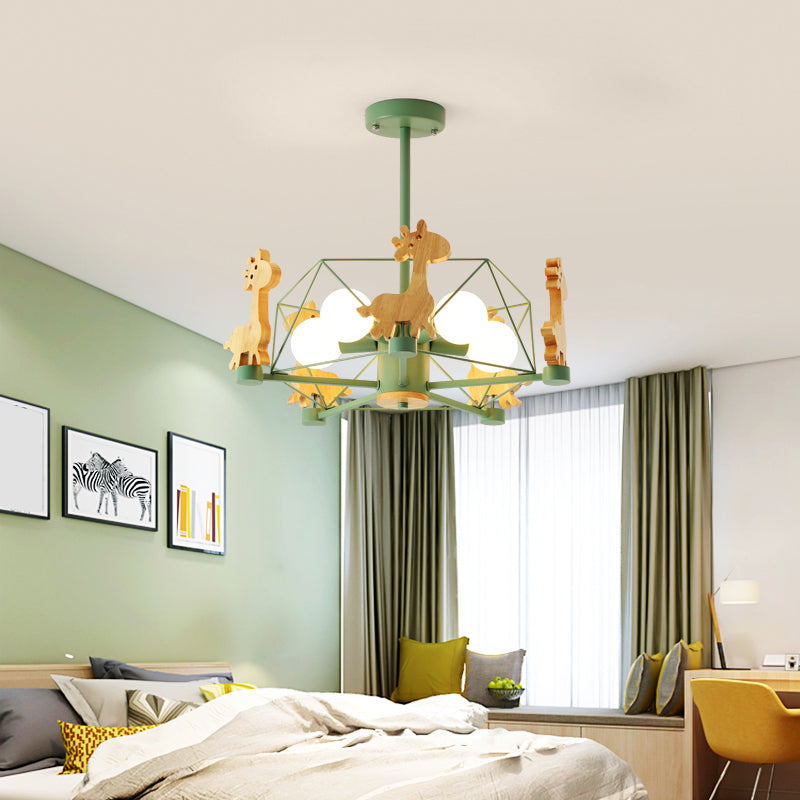 Macaron Cage Ceiling Pendant Light Metal 4-Head Bedroom Chandelier with Wooden Giraffe Deco