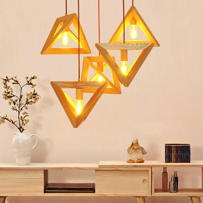 1-Head Dining Room Ceiling Hang Light Modern Beige Pendant Lamp with Triangular Wooden Frame