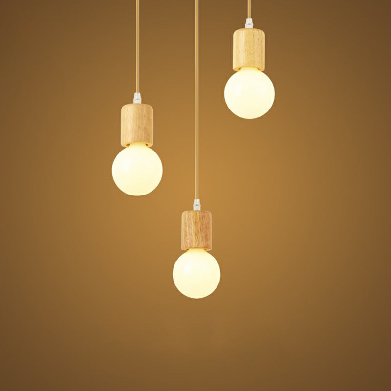 Bulbe nu en bois multiple pendentif minimaliste 3 têtes d'éclairage de suspension beige