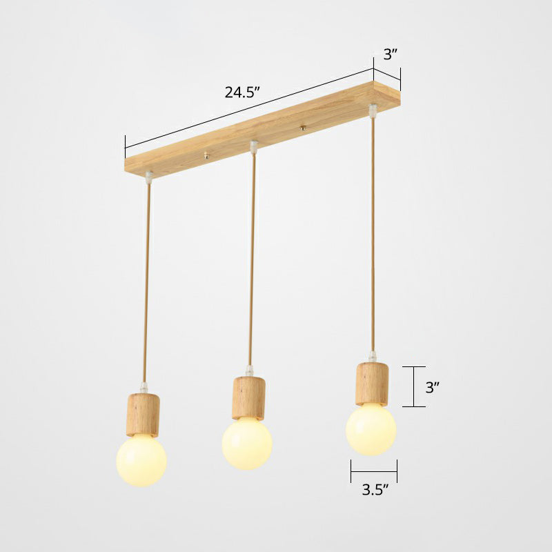Bulbe nu en bois multiple pendentif minimaliste 3 têtes d'éclairage de suspension beige