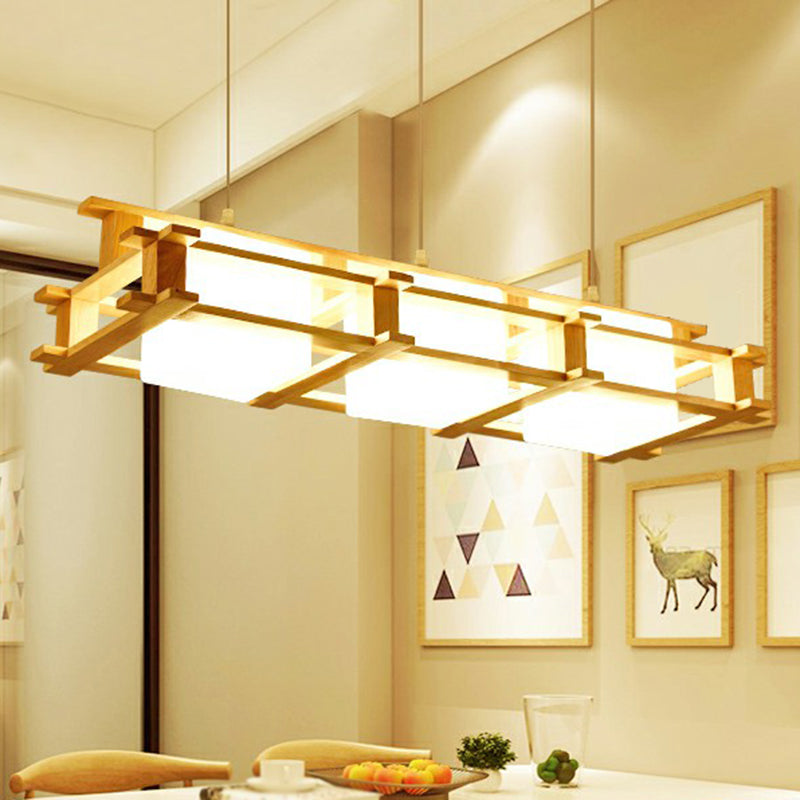 Milk Glass Rectangular Island Light Nordic 3 Lights Beige Suspension Lamp with Wooden Cage