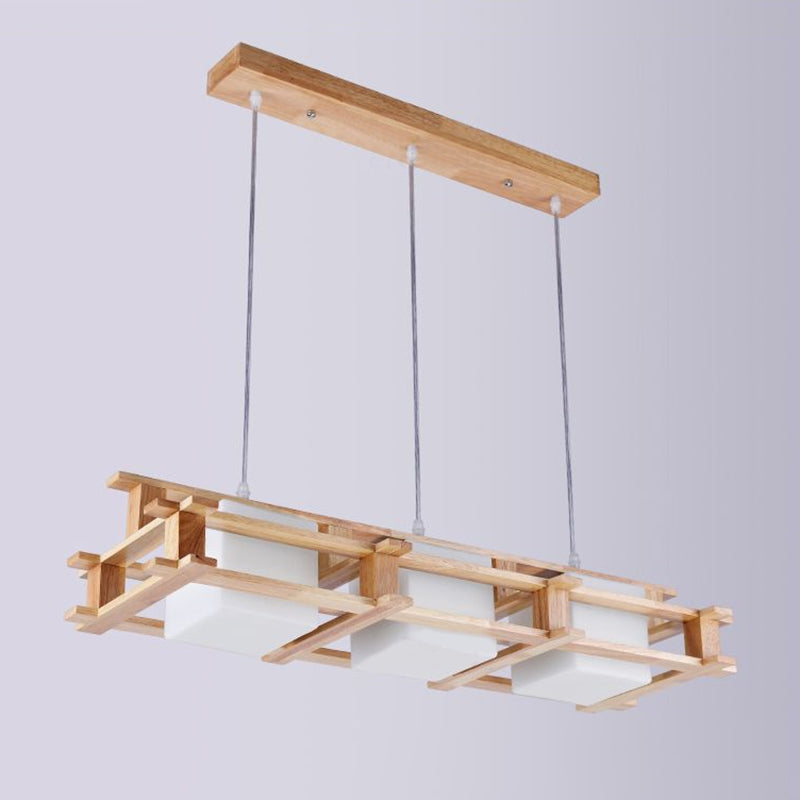 Milk Glass Rectangular Island Light Nordic 3 Lights Beige Suspension Lamp with Wooden Cage