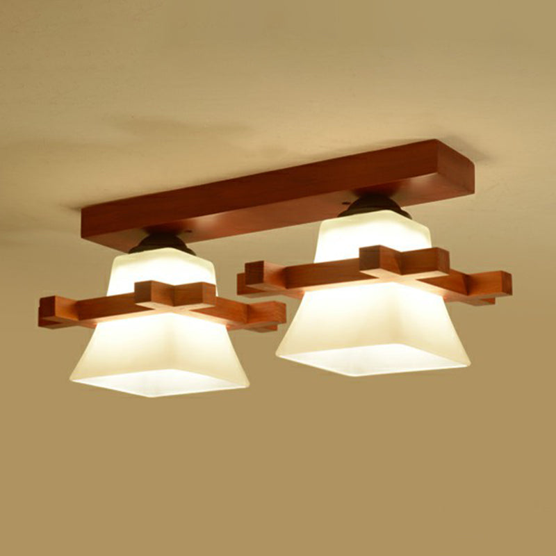 Pagoda Shaped Flush Ceiling Light Nordic Frosted White Glass Coffee Semi Mount Lighting with Wooden Frame