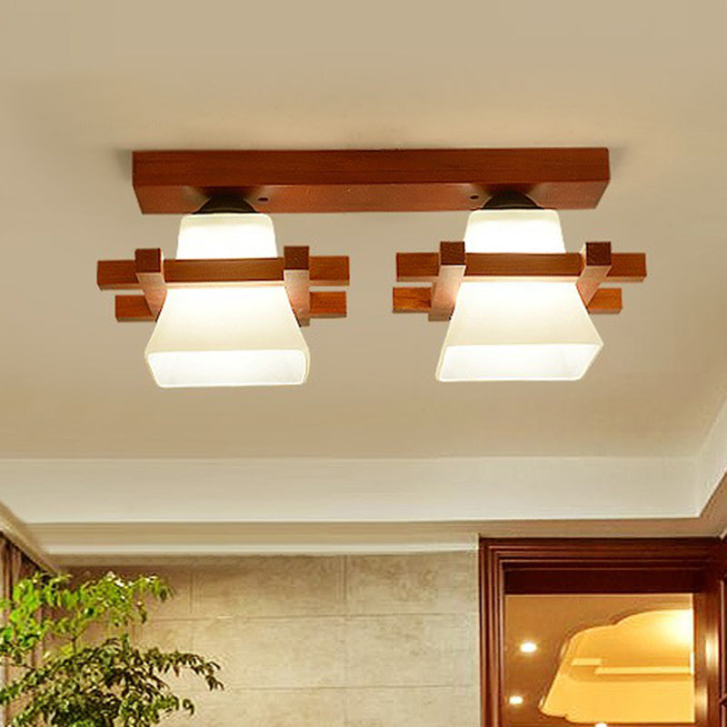 Pagoda Shaped Flush Ceiling Light Nordic Frosted White Glass Coffee Semi Mount Lighting with Wooden Frame