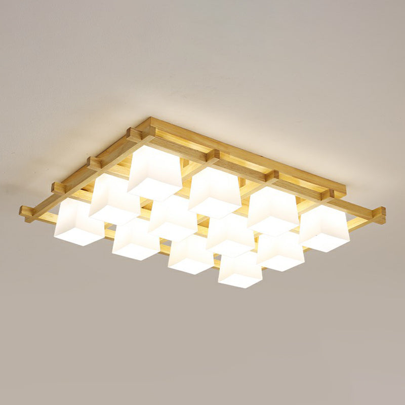 White Glass Cube Ceiling Flush Light Modern Style Semi Flush Mount Lighting with Wood Grid