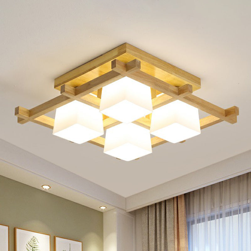 White Glass Cube Ceiling Flush Light Modern Style Semi Flush Mount Lighting with Wood Grid