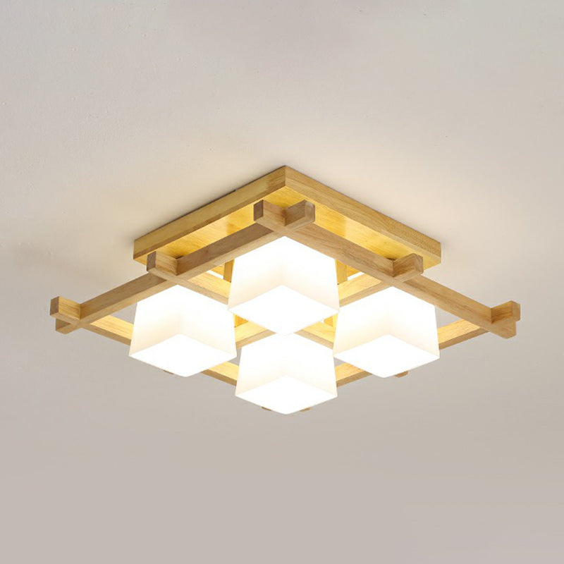 White Glass Cube Ceiling Flush Light Modern Style Semi Flush Mount Lighting with Wood Grid