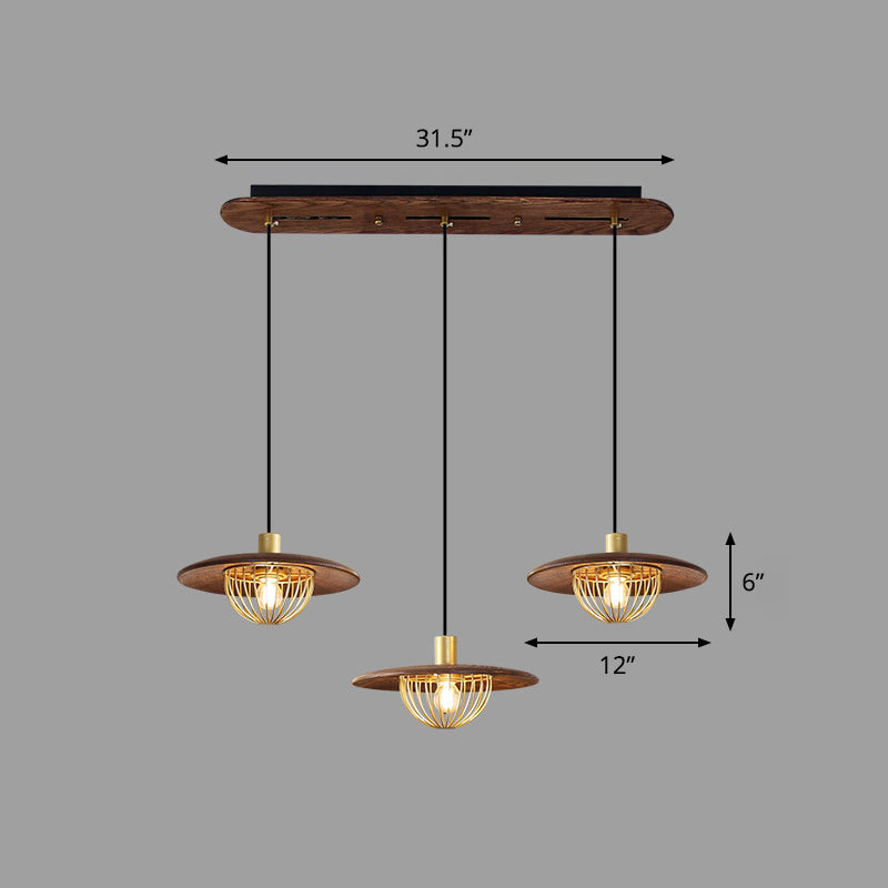 Disc Wooden Pendant Lighting Contemporary 1-Light Hanging Ceiling Light with Cage Bottom