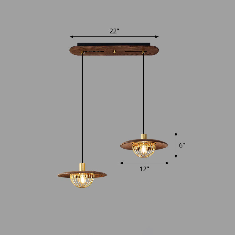 Disc Wooden Pendant Lighting Contemporary 1-Light Hanging Ceiling Light with Cage Bottom