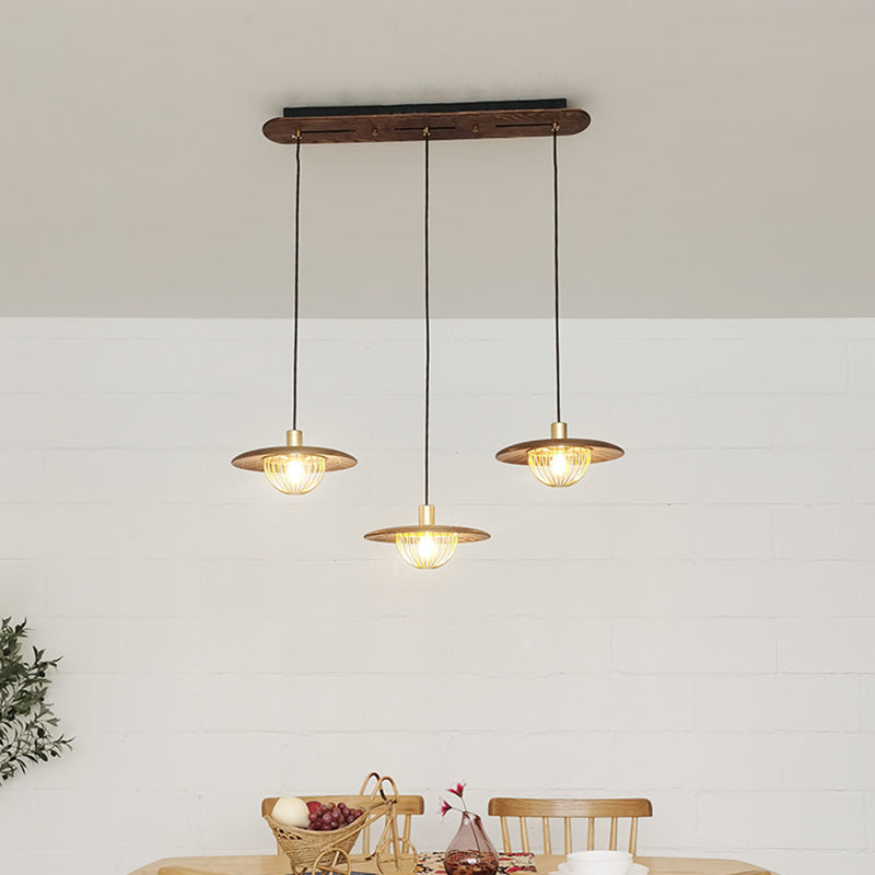 Disc Wooden Pendant Lighting Contemporary 1-Light Hanging Ceiling Light with Cage Bottom