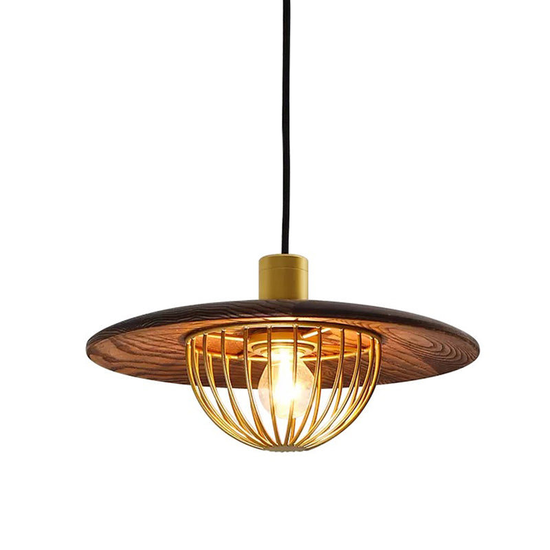 Disc Wooden Pendant Lighting Contemporary 1-Light Hanging Ceiling Light with Cage Bottom