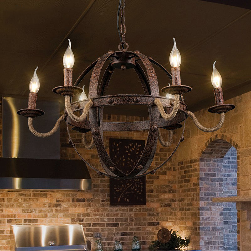 Globe Metal Chandelier Lamp Country Style 6 Lights Dining Room Pendant Lighting in Rust