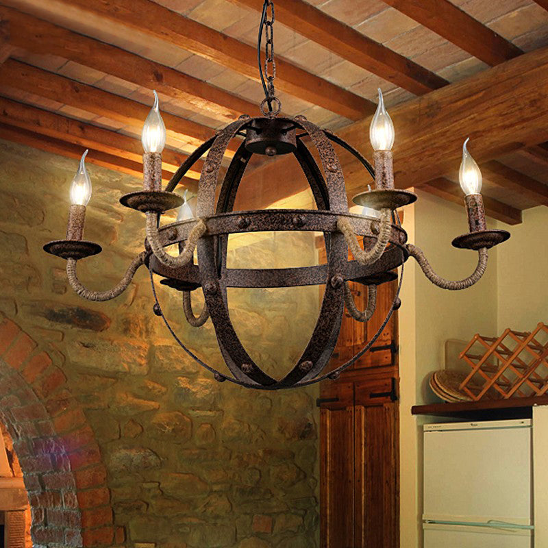 Globe Metal Chandelier Lamp Country Style 6 Lights Dining Room Pendant Lighting in Rust
