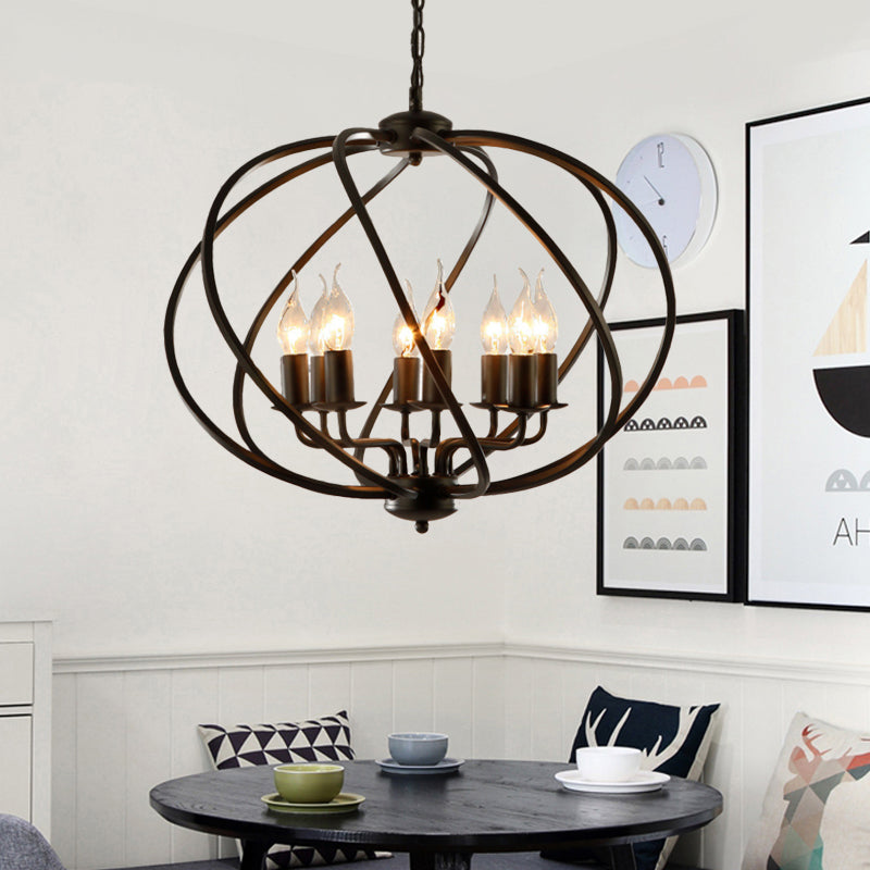 Candle Living Room Pendant Chandelier Country Metal 8 Lights Black Hanging Fixture with Cage