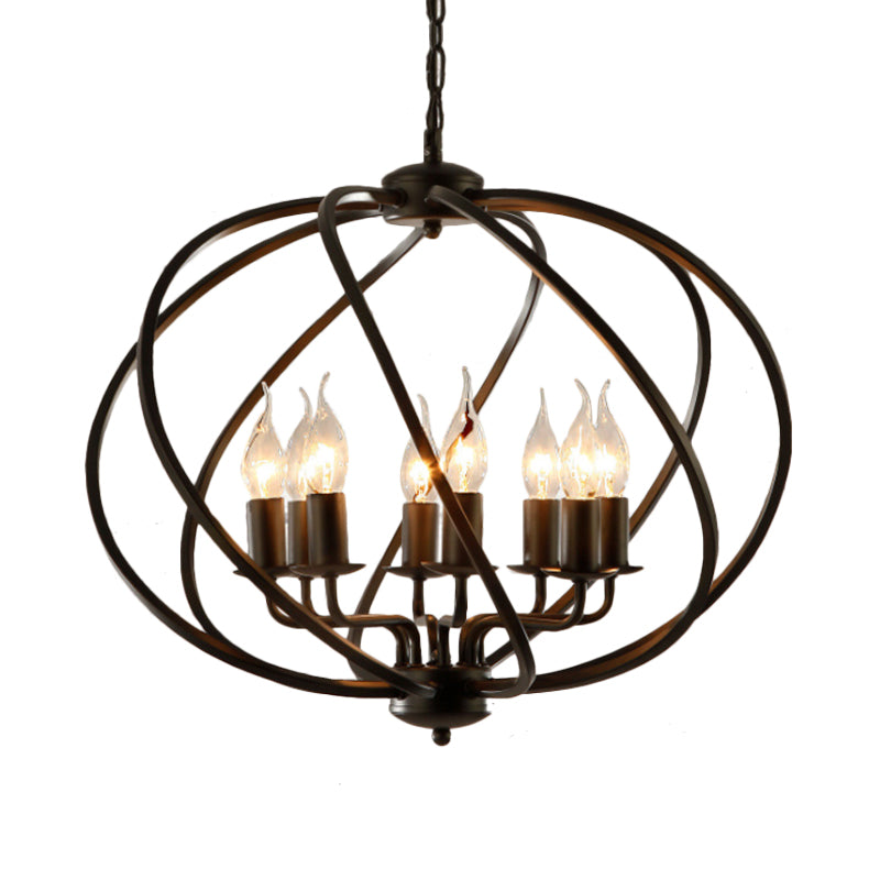 Candle Living Room Pendant Chandelier Country Metal 8 Lights Black Hanging Fixture with Cage