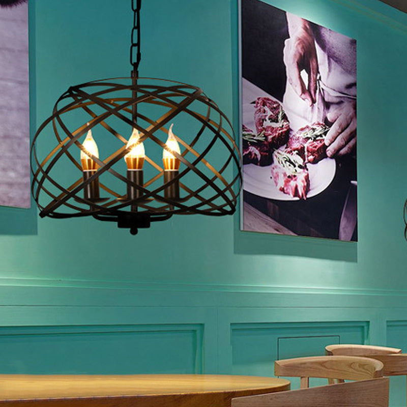 Black 3 Lights Chandelier Light Fixture Country Metal Caged Pendant Lamp for Dining Room