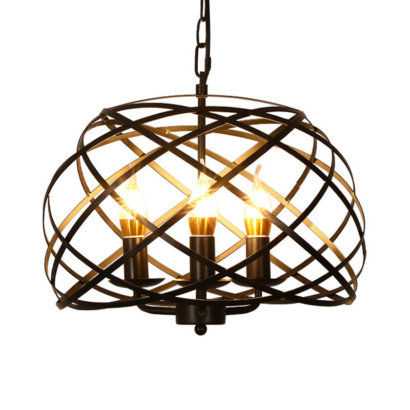 Black 3 Lights Chandelier Light Fixture Country Metal Caged Pendant Lamp for Dining Room
