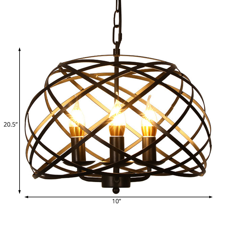 Black 3 Lights Chandelier Light Fixture Country Metal Caged Pendant Lamp for Dining Room