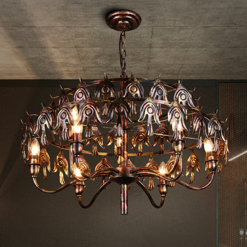 Exposed Bulb Living Room Pendant Chandelier Country Metal 9 Lights Rustic Copper Hanging Fixture