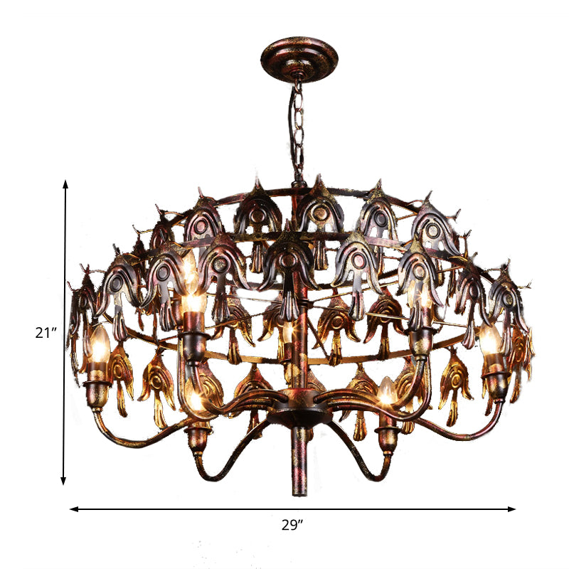 Exposed Bulb Living Room Pendant Chandelier Country Metal 9 Lights Rustic Copper Hanging Fixture