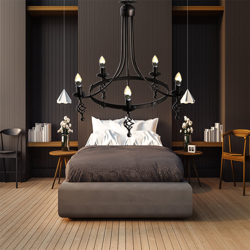 5 Lights Round Chandelier Lamp Country Metal Hanging Pendant Lighting in Black for Bedroom