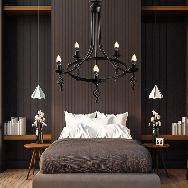 5 Lights Round Chandelier Lamp Country Metal Hanging Pendant Lighting in Black for Bedroom