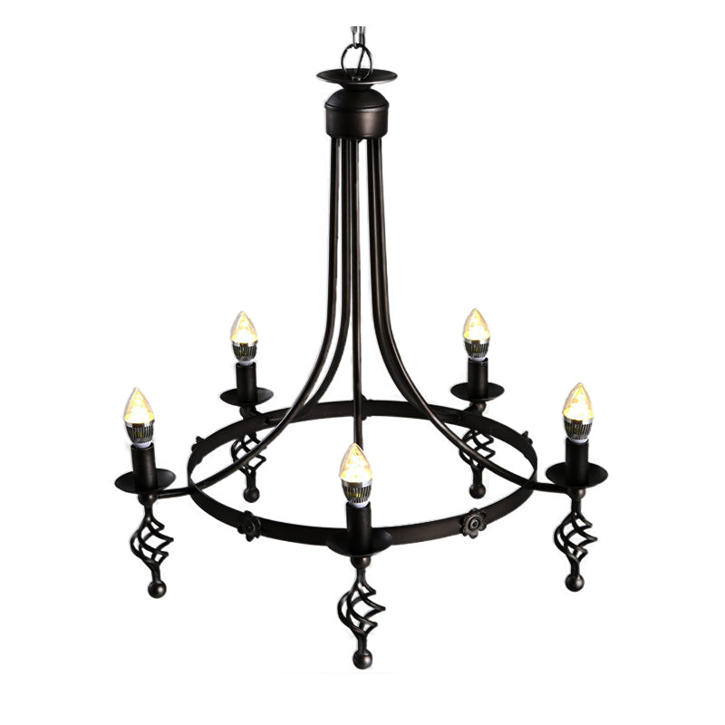 5 Lights Round Chandelier Lamp Country Metal Hanging Pendant Lighting in Black for Bedroom