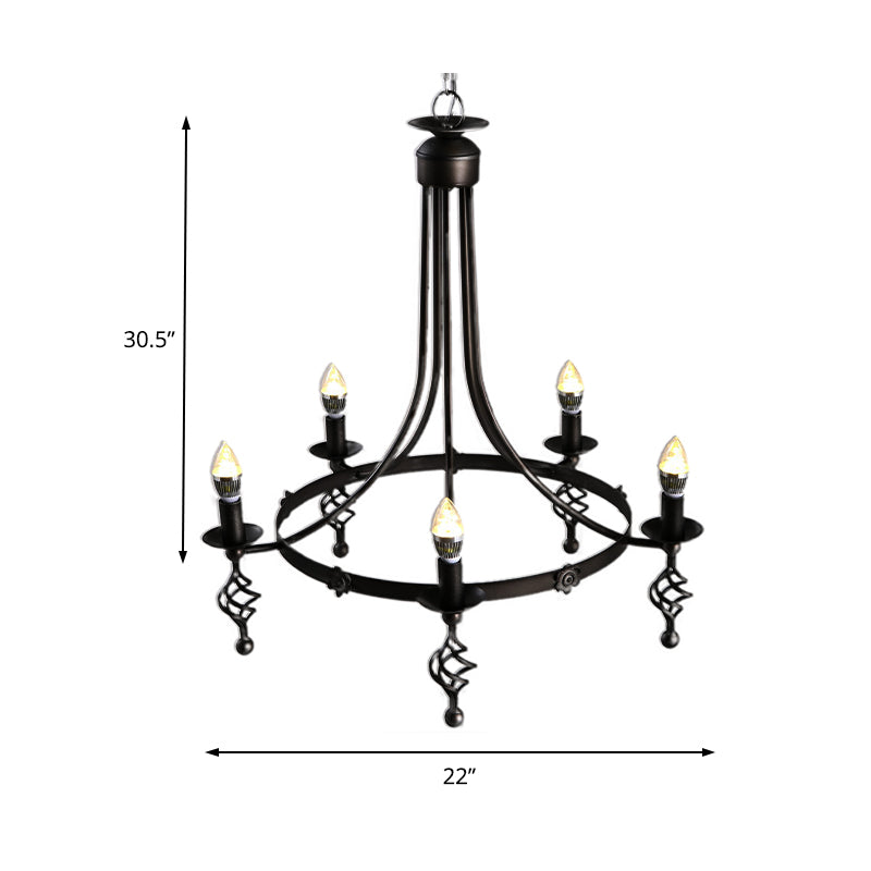 5 Lights Round Chandelier Lamp Country Metal Hanging Pendant Lighting in Black for Bedroom
