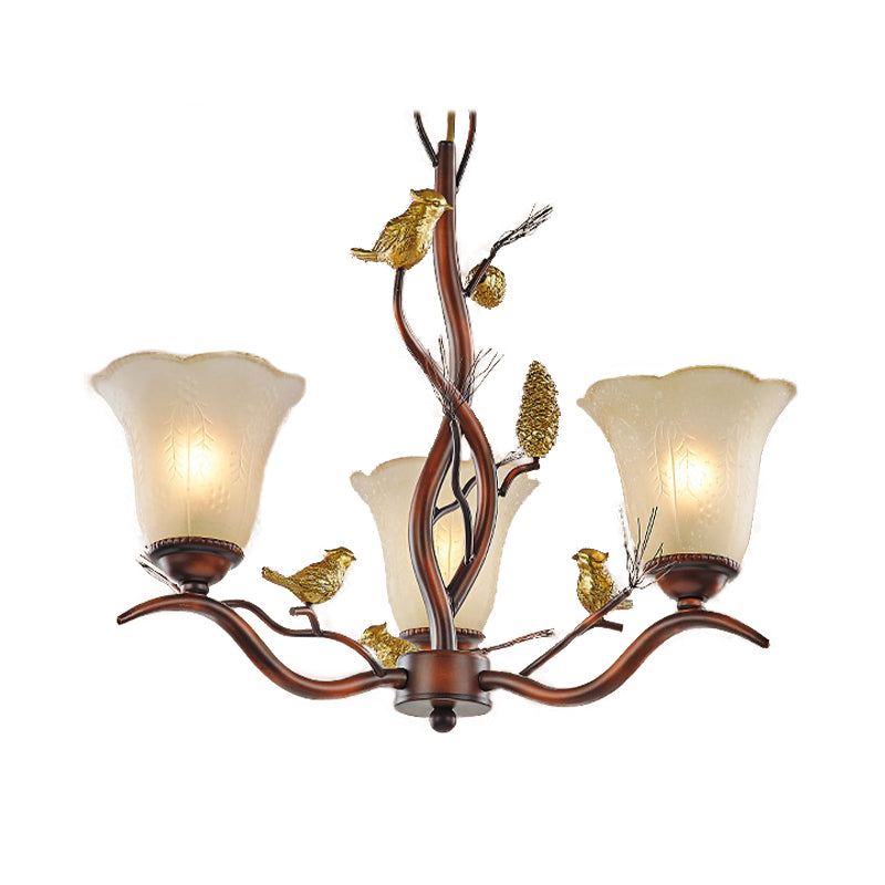 Flower Shaped Living Room Ceiling Chandelier Rustic Frosted Glass 3/6/8 Lights Brown Hanging Fixture with Bird