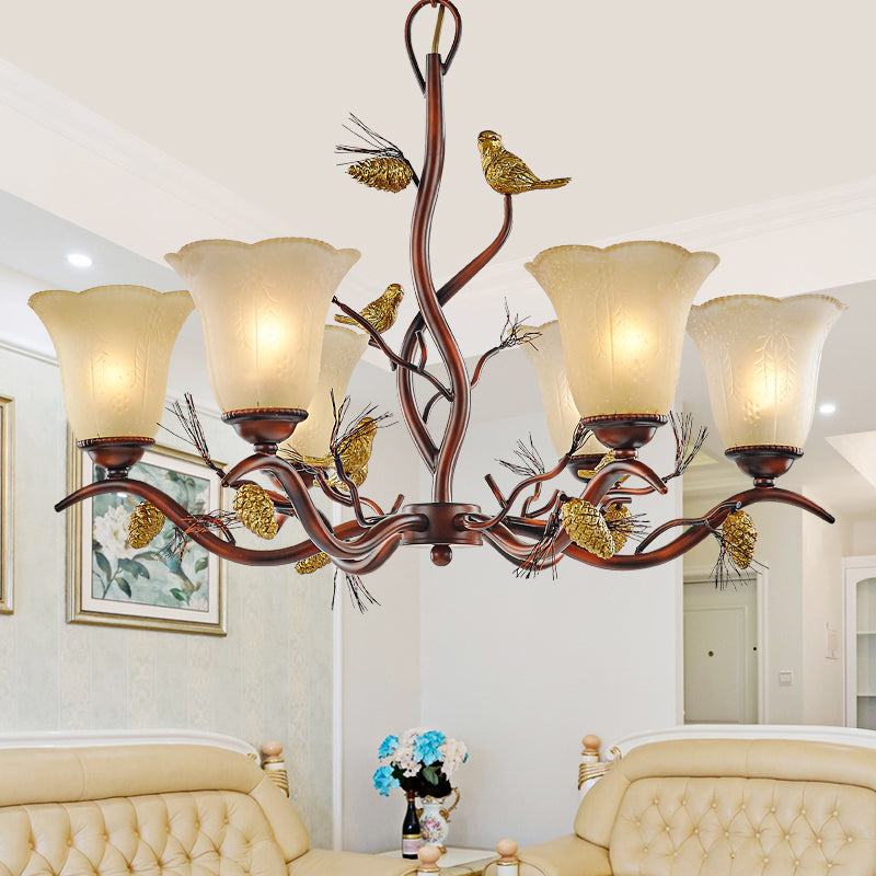Flower Shaped Living Room Ceiling Chandelier Rustic Frosted Glass 3/6/8 Lights Brown Hanging Fixture with Bird
