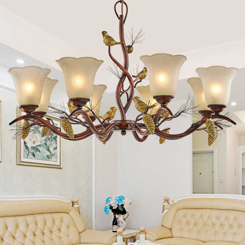 Flower Shaped Living Room Ceiling Chandelier Rustic Frosted Glass 3/6/8 Lights Brown Hanging Fixture with Bird