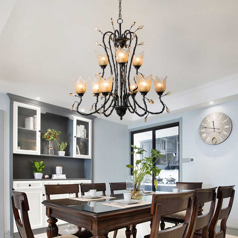 Black 9 Lights Chandelier Light Fixture Country Amber Glass Flower Shaped Pendant Lamp for Dining Room