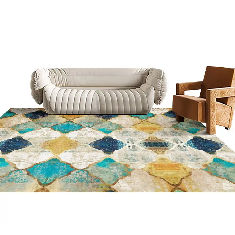 Contemporary Living Room Rug Multi Colored Geo Pattern Carpet Polyster Anti-Slip Backing Easy Care Rug