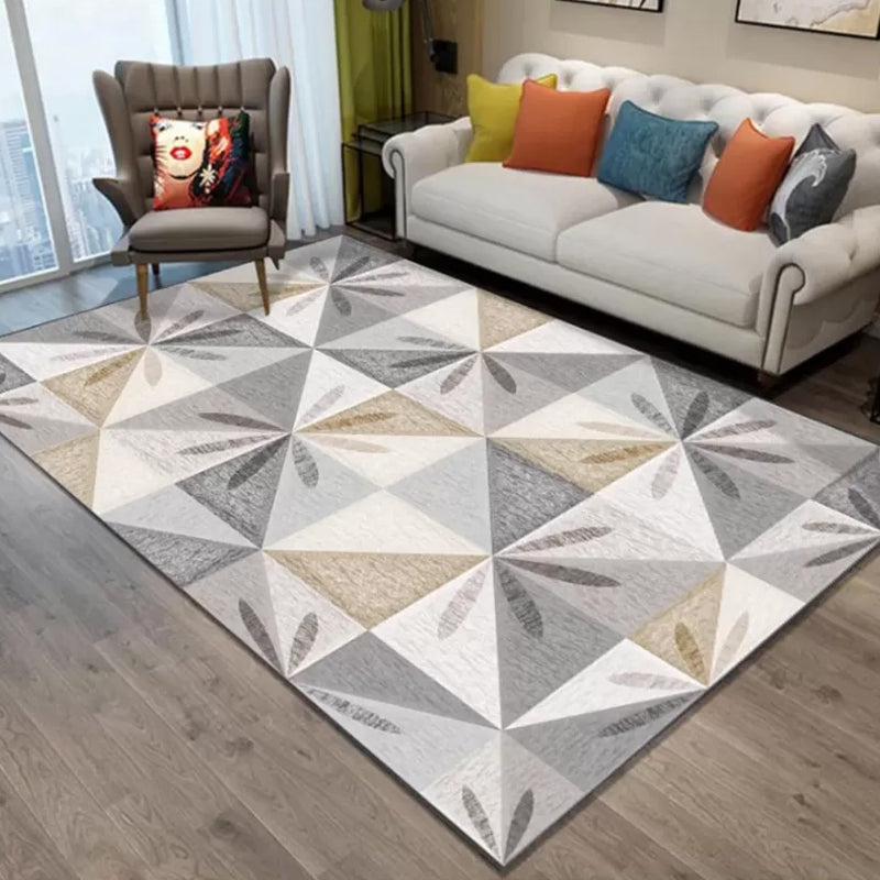 Contemporary Living Room Rug Multi Colored Geo Pattern Carpet Polyster Anti-Slip Backing Easy Care Rug