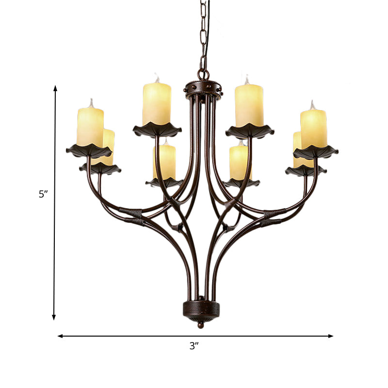 8 Lights Yellow Glass Hanging Chandelier Country Bronze Candle Shaped Living Room Pendant Light Fixture