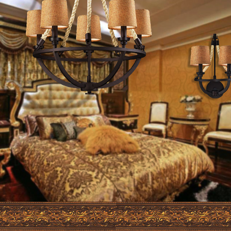 Semi-Circle Cage Bedroom Pendant Chandelier Country Metal 5 Lights Bronze Hanging Fixture with Fabric Shade