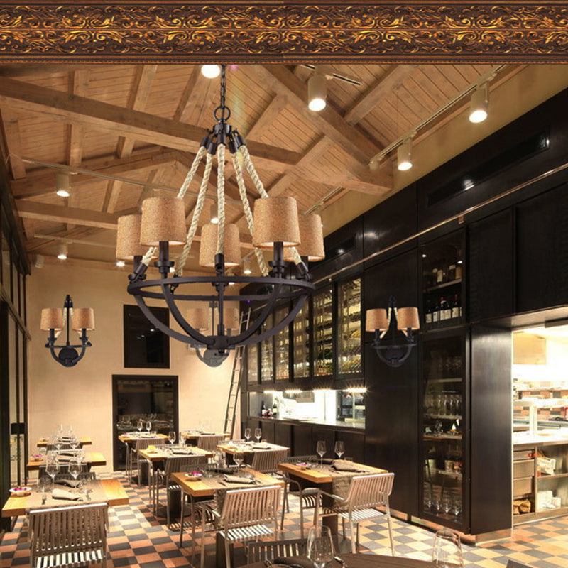 Semi-Circle Cage Bedroom Pendant Chandelier Country Metal 5 Lights Bronze Hanging Fixture with Fabric Shade