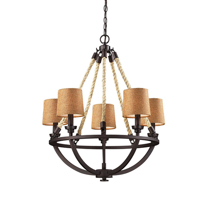 Semi-Circle Cage Bedroom Pendant Chandelier Country Metal 5 Lights Bronze Hanging Fixture with Fabric Shade