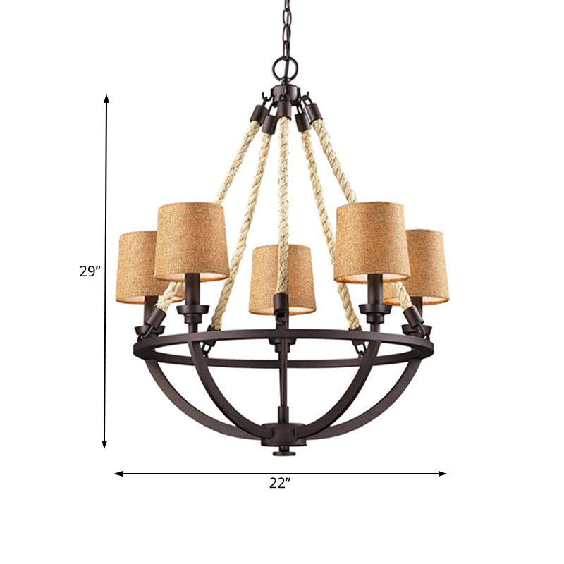 Semi-Circle Cage Bedroom Pendant Chandelier Country Metal 5 Lights Bronze Hanging Fixture with Fabric Shade