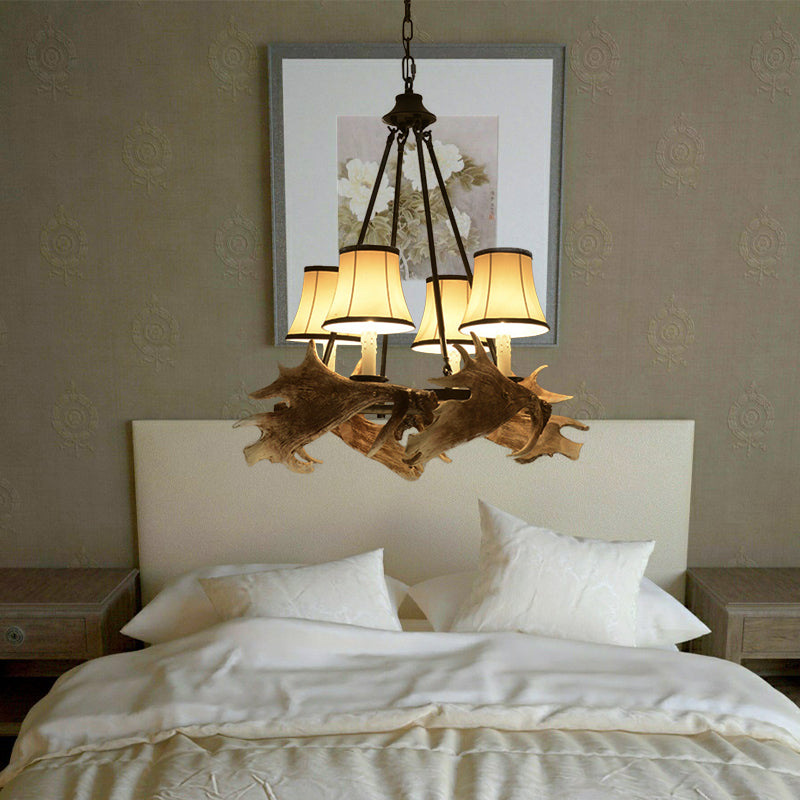 Lampadario conico a soffitto sala da pranzo in resina rustica 4 luci appuntamento appeso al beige con tonalità in tessuto